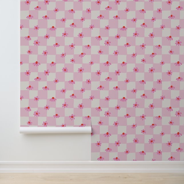 Soft Pink Daisy Checkerboard Floral Pattern Wallpaper (Application)