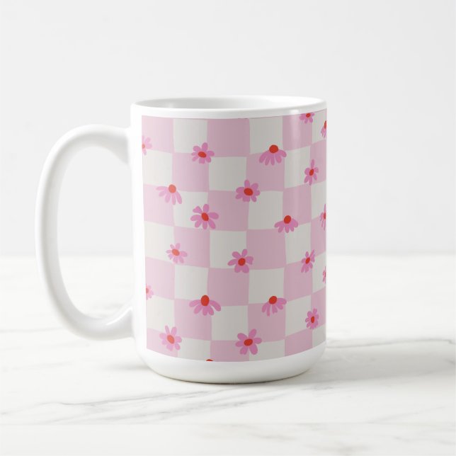 Soft Pink Daisy Chequerboard Floral Pattern Coffee Mug (Left)