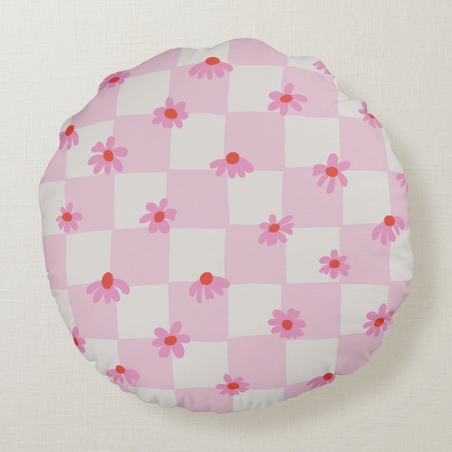 Soft Pink Daisy Chequerboard Floral Pattern Round Pillow (Back)