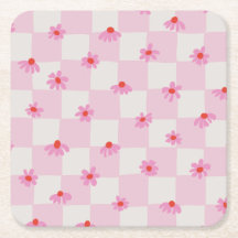 Soft Pink Daisy Chequerboard Floral Pattern