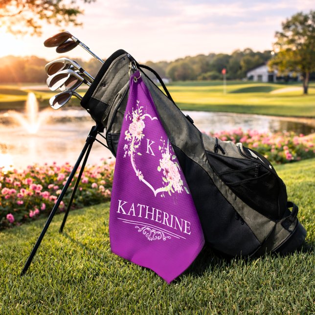 Soft Pink Feminine Botanical Crest Purple Monogram Golf Towel (pink floral purple crest golf towel)