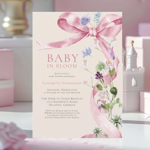 Soft Pink Floral Bow Wildflower Baby Shower Invitation