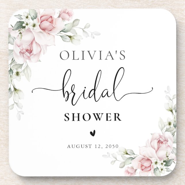 Soft Pink Floral Bridal Shower Coasters (Front)