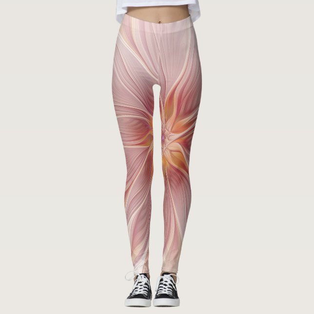 Soft Pink Floral Dream Abstract Fractal Art Flower Leggings (Front)