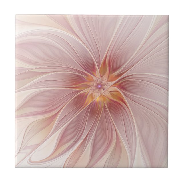 Soft Pink Floral Dream Abstract Fractal Art Flower Tile (Front)