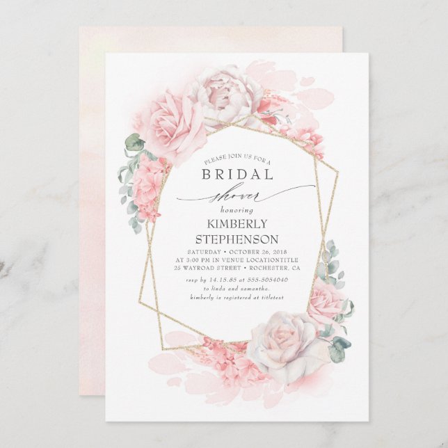 Soft Pink Floral Elegant Bridal Shower Invitation (Front/Back)