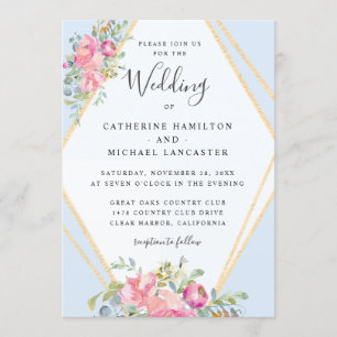 Soft Pink Floral Gold Frame Watercolor Wedding Invitation