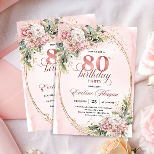 Soft Pink Floral Greenery Gold Glitter 80th Bday Invitation