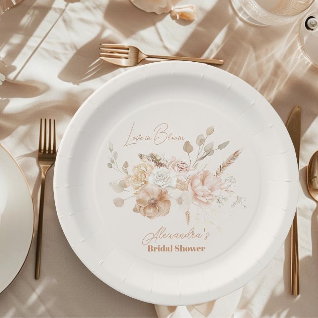 Soft Pink Floral Pampas Grass Bridal Shower  Paper Plate (Creator Uploaded)