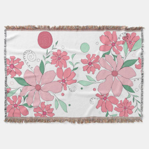 Soft Pink Floral Pattern with Mint Green Leaves Throw Blanket