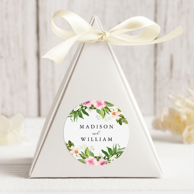 Soft Pink Floral Personalized Wedding Classic Round Sticker (Creator Uploaded)