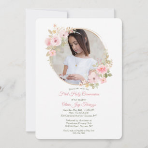 Soft Pink Floral Photo Communion Invitation