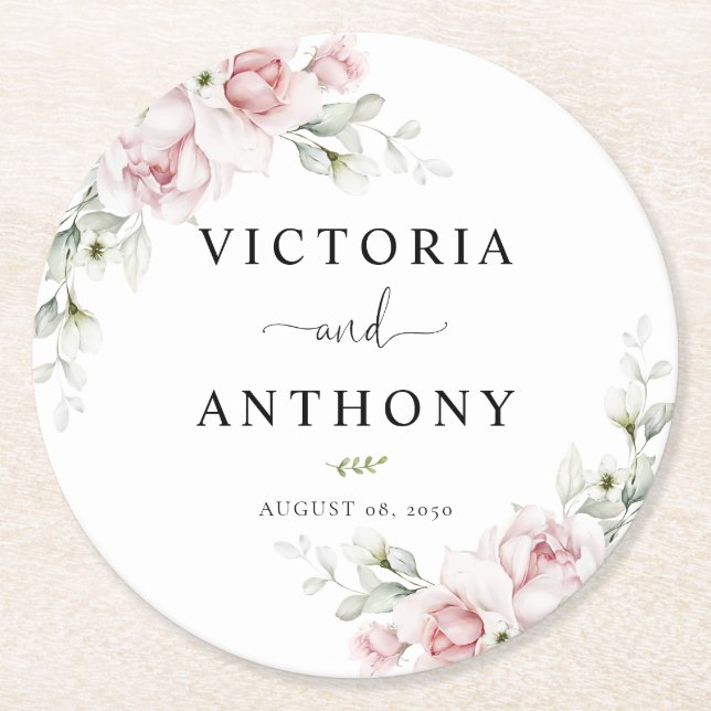 Soft Pink Floral Round Wedding Coaster  (Front)