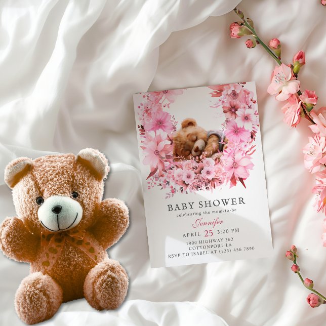 Soft Pink Floral Sleeping Teddy Bear Baby Shower Invitation (Creator Uploaded)