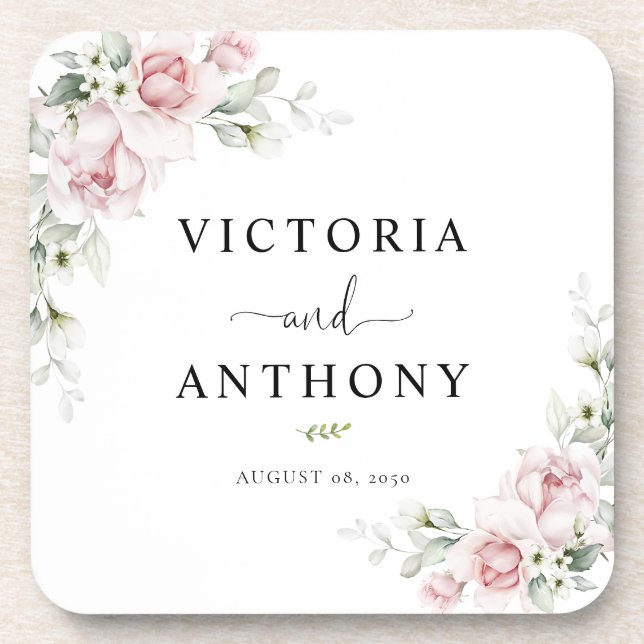 Soft Pink Floral Square Wedding Coaster (Front)