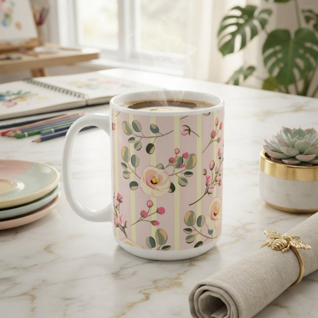 Soft Pink Floral Stripe Pattern Coffee Mug (Creator Uploaded)