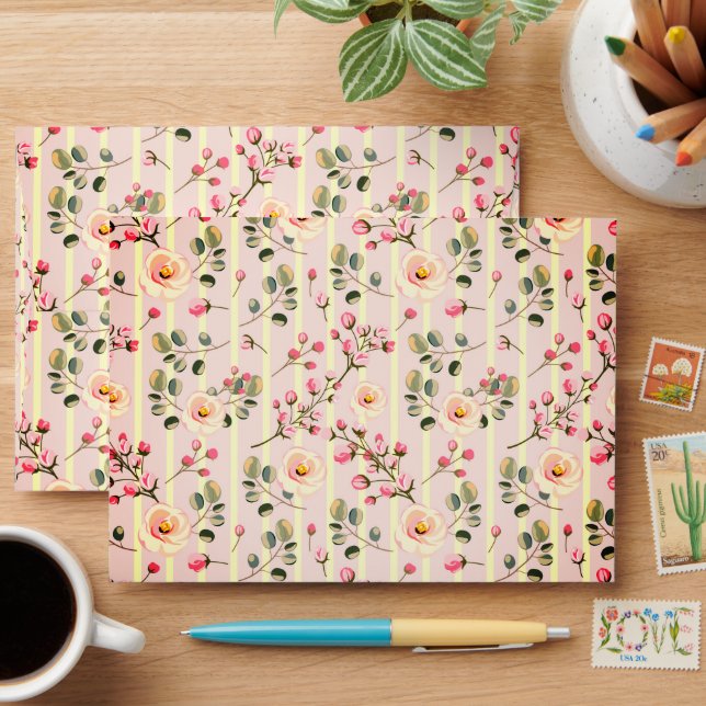 Soft Pink Floral Stripe Pattern Envelope (Desk)
