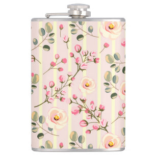 Soft Pink Floral Stripe Pattern Hip Flask