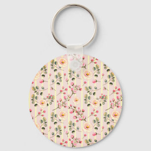 Soft Pink Floral Stripe Pattern Keychain