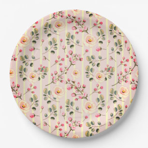 Soft Pink Floral Stripe Pattern Paper Plate