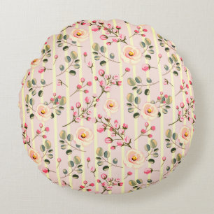 Soft Pink Floral Stripe Pattern Round Pillow