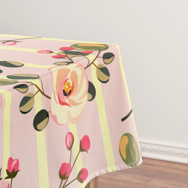 Soft Pink Floral Stripe Pattern Tablecloth (In Situ)