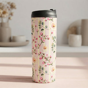 Soft Pink Floral Stripe Pattern Thermal Tumbler