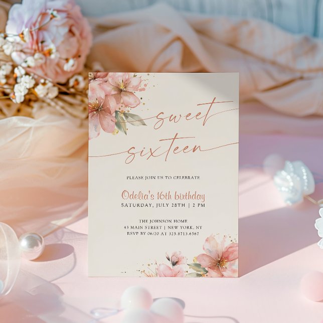 Soft Pink Floral Sweet Sixteen 16th Birthday Invitation (Creator Uploaded)