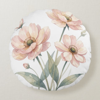 Soft Pink Floral Watercolor Bouquet Art Round Pillow