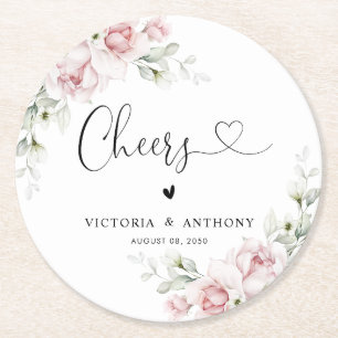 Soft Pink Floral Wedding Cheers Round Coaster 