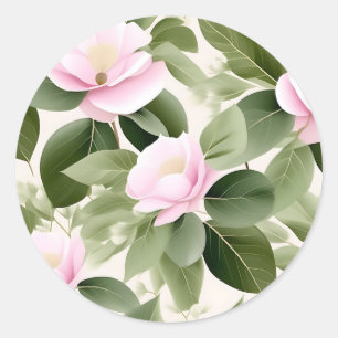 Soft Pink Floral  With Eucalyptus Leaves Pattern Classic Round Sticker