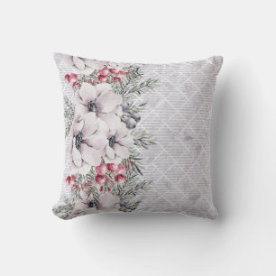 Soft Pink Florals on Geometric Grey Throw Pillow