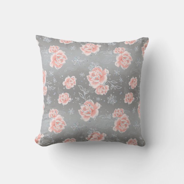Soft Pink Florals & Snowflakes Throw Pillow (Front)