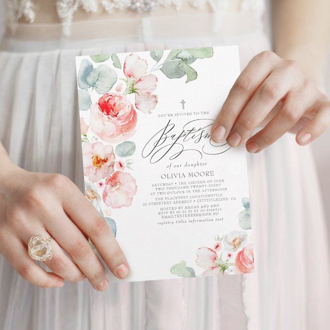 Soft Pink Flowers Elegant Boho Baptism Invitation (Creator Uploaded)