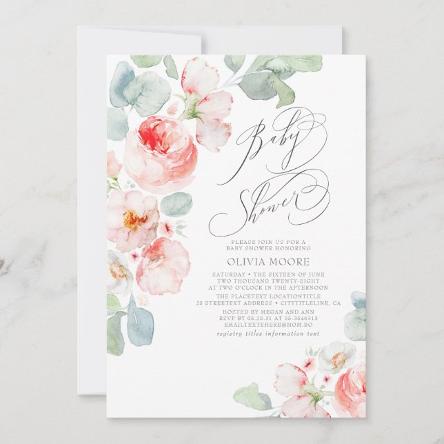 Soft Pink Flowers Elegant Boho Girl Baby Shower Invitation (Front)