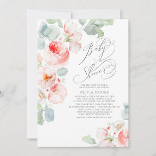 Soft Pink Flowers Elegant Boho Girl Baby Shower Invitation