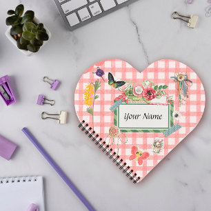 Soft Pink Gingham Cute Elements Heart Shaped Notebook