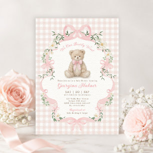 Soft Pink Gingham Teddy Bear Girl Baby Shower Invitation