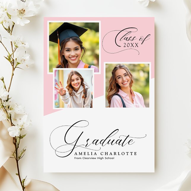 Soft Pink Girly Modern Photo Collage Graduation Announcement (Creator Uploaded)