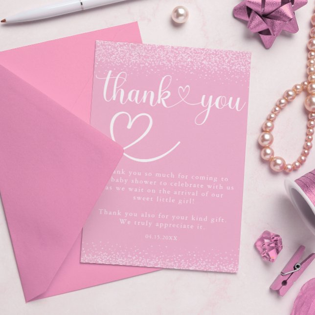 Soft Pink Glitter Thank You Heart Script Card (Creator Uploaded)