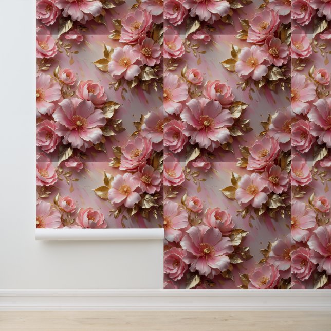 Soft Pink Gold Botanical Peel and Stick  Wallpaper (Application)