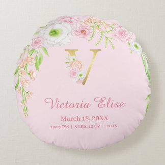 Soft Pink Gold Monogram "V" Baby Girl Stats Round Pillow