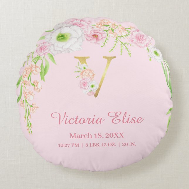 Soft Pink Gold Monogram "V" Baby Girl Stats Round Pillow (Front)