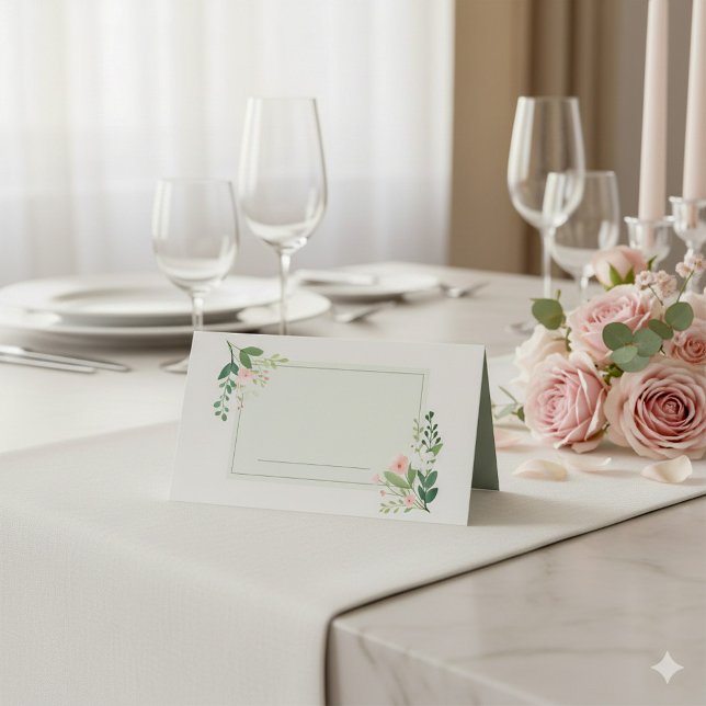 Soft Pink Greenery Floral Name Place Card (Pretty soft green flowery border wedding table name place card.)