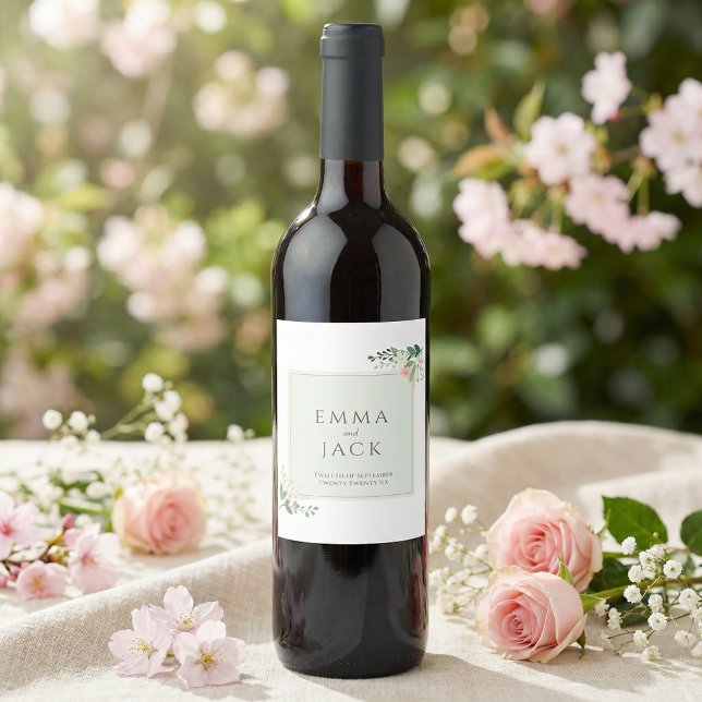 Soft pink greenery names wedding wine label (Creator Uploaded)