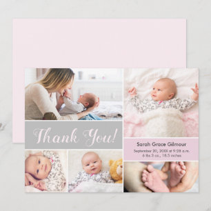 Soft Pink Grey Custom baby girl photo collage Thank You Card