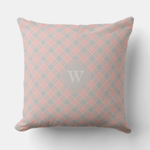 Soft Pink Grey Monogram Gingham Girly Plaid Throw Pillow