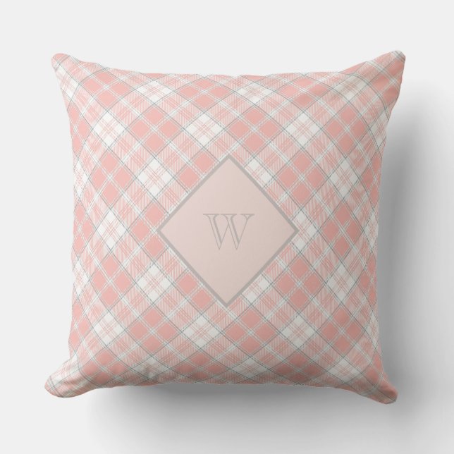 Soft Pink Grey Monogram Gingham Girly Plaid Throw Pillow (Front)