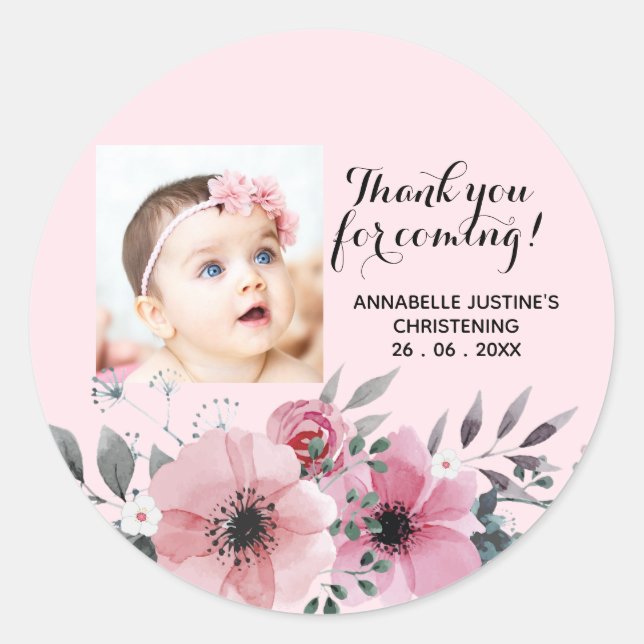 Soft Pink/Grey THANK YOU FOR COMING! Christening Classic Round Sticker (Front)