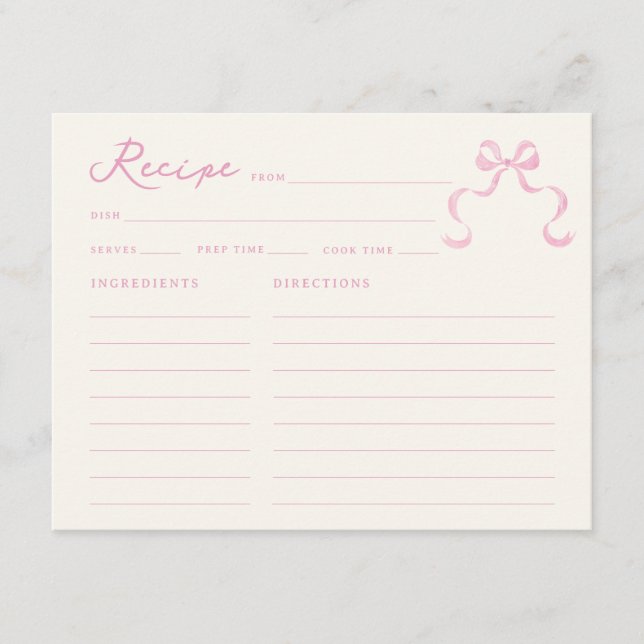Soft Pink Hand Drawn Bow Bridal Shower Recipe Card (Front)